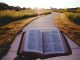 Bible ouverte sur un sentier d’un terrain brun durant la journée.