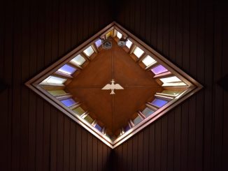 Décor triangulaire marron et violet avec une colombe au centre.