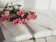 Fleurs roses sur une bible ouverte sur une surface blanche.