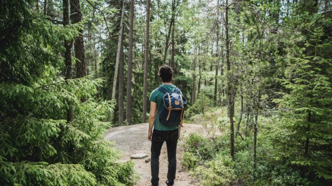 Homme portant un sac à dos bleu marchant dans la forêt.