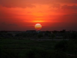 Sunset in the final phase (last call) in the countryside, greenery in the half-light in the foreground and reddish sky with clouds in the background.