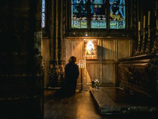 Person praying in front of an illuminated image near a dark brown altar.