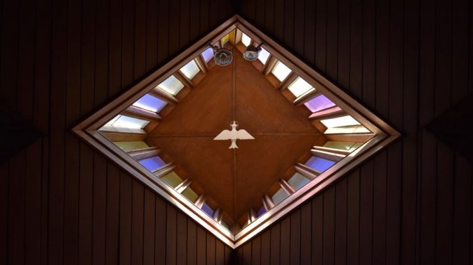 Triangular brown and purple decor with dove bird in the center.